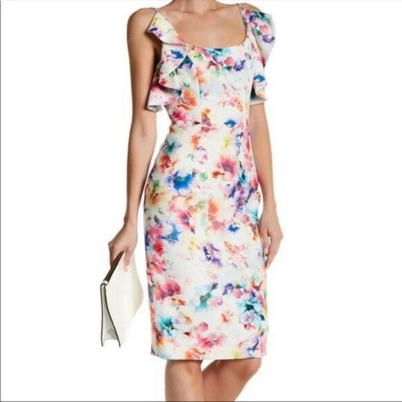 Black Halo Rosette White Pink Floral Cocktail Sheath Dress Size 2 - Picture 2 of 12